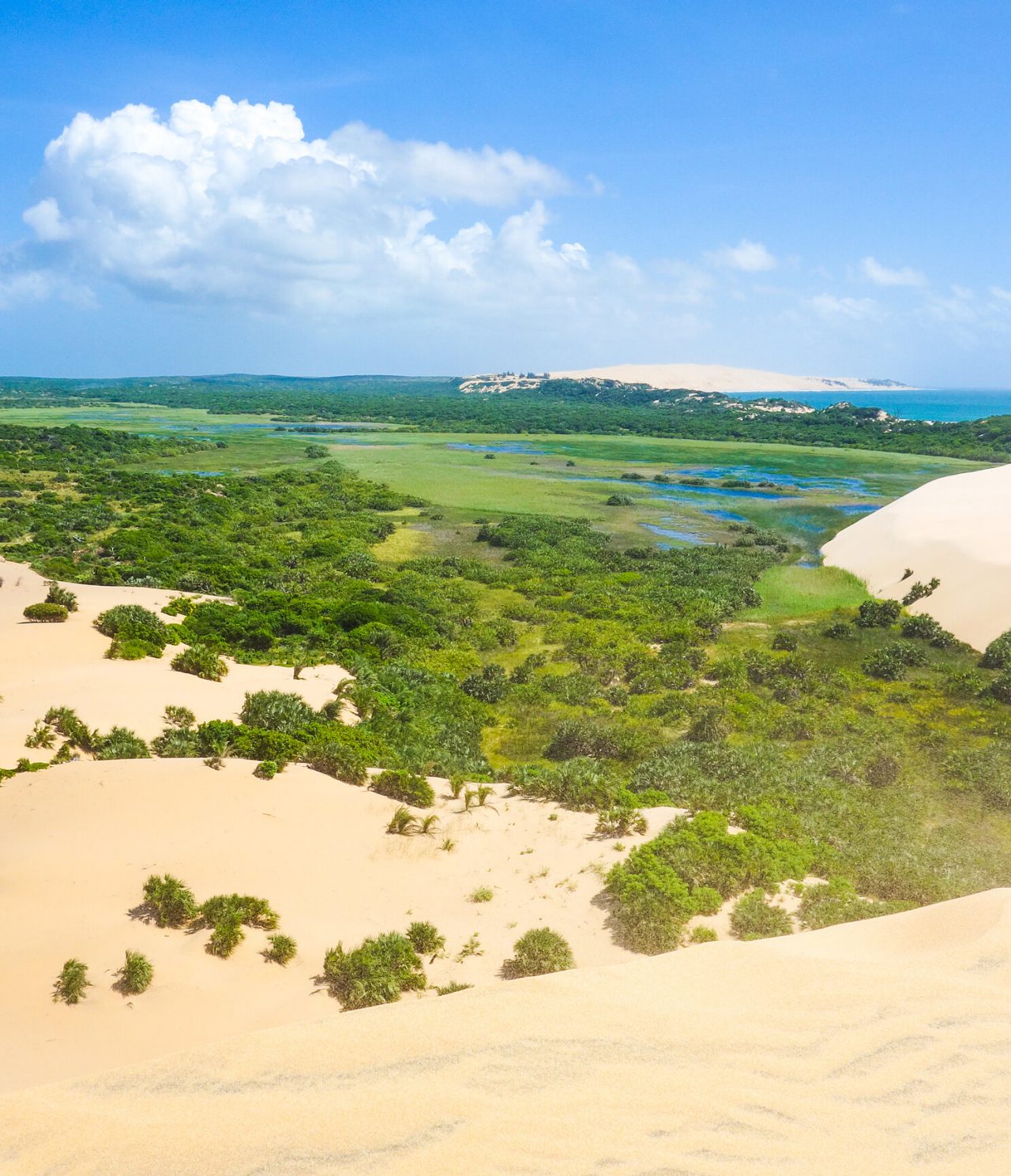 Vista aérea de un paisaje desértico con dunas de arena blanca, una laguna y aguas cristalinas del océano al fondo