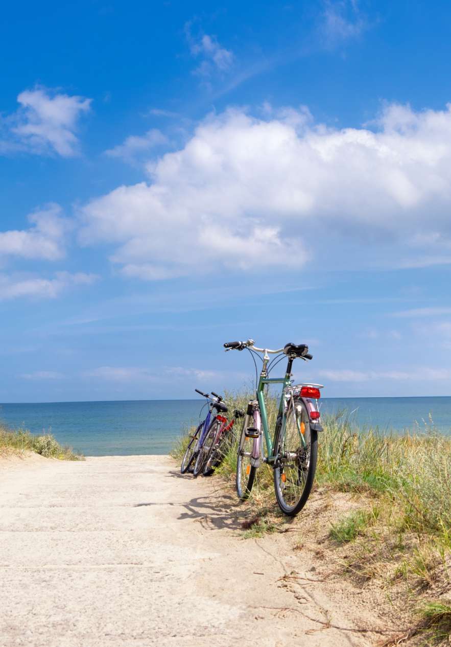 Dos bicicletas paradas al lado de la carretera, junto a la playa, después de un largo paseo en bicicleta