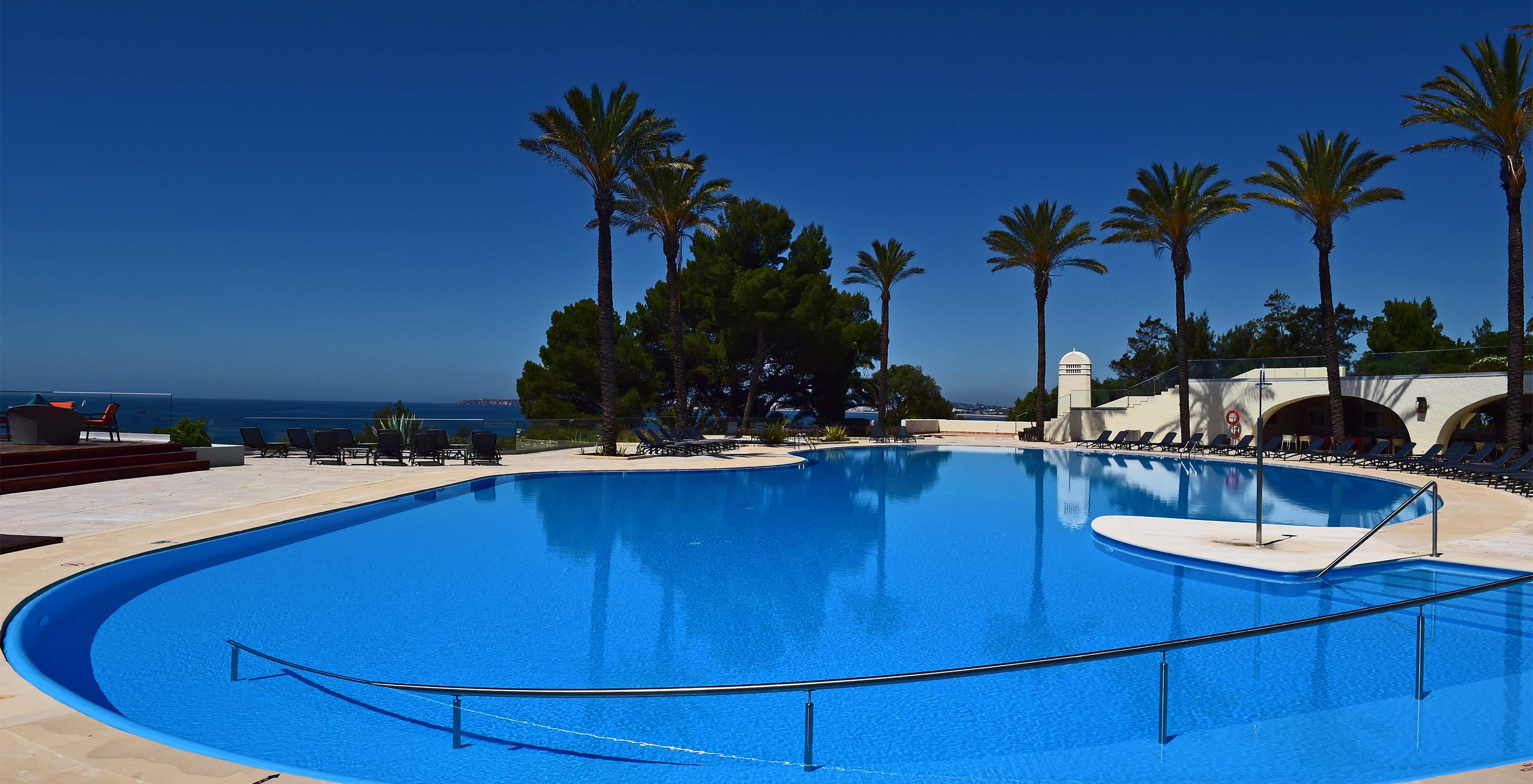 Outdoor pool with loungers, palm trees, terrace, jacuzzi, sea view, and cloudless sky