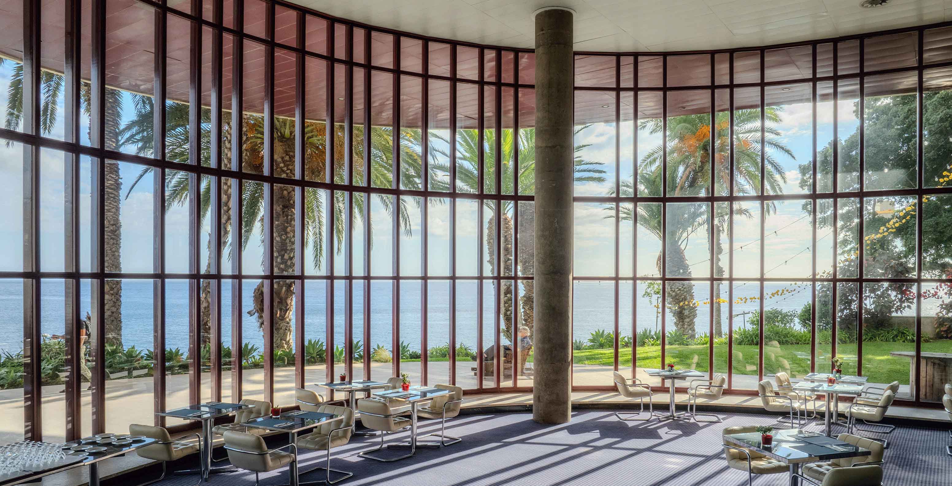 Inside the Pestana Casino Park, overlooking the pool and the sea