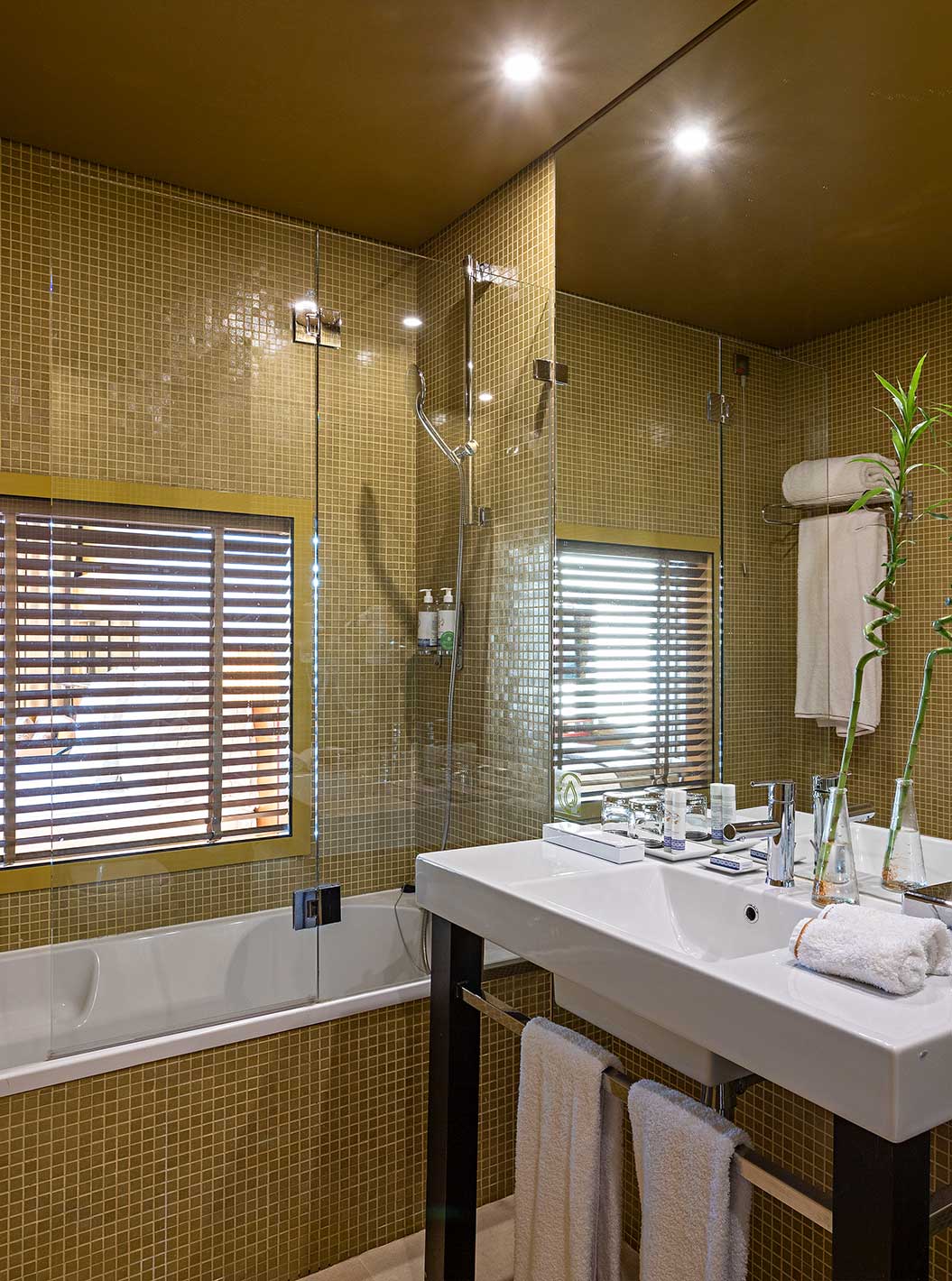 The Executive Superior has a bathroom with a bathtub and a window into the bedroom