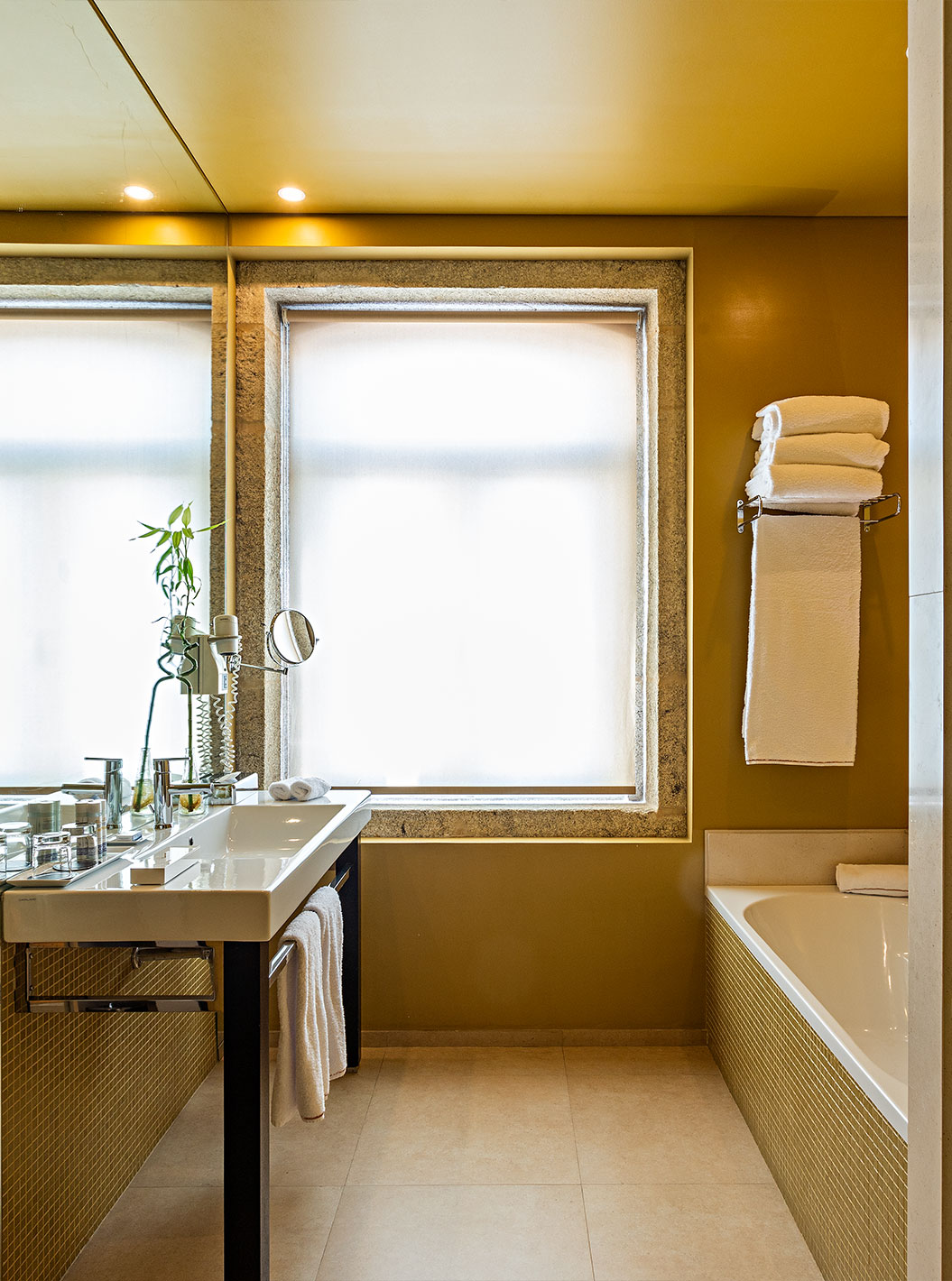 The Standard Suite has a bathroom with bathtub, sink, and separate toilet area