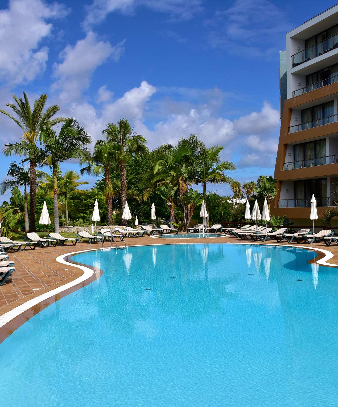 Piscinas exteriores con tumbonas, sombrillas y palmeras, con el edificio del hotel al lado