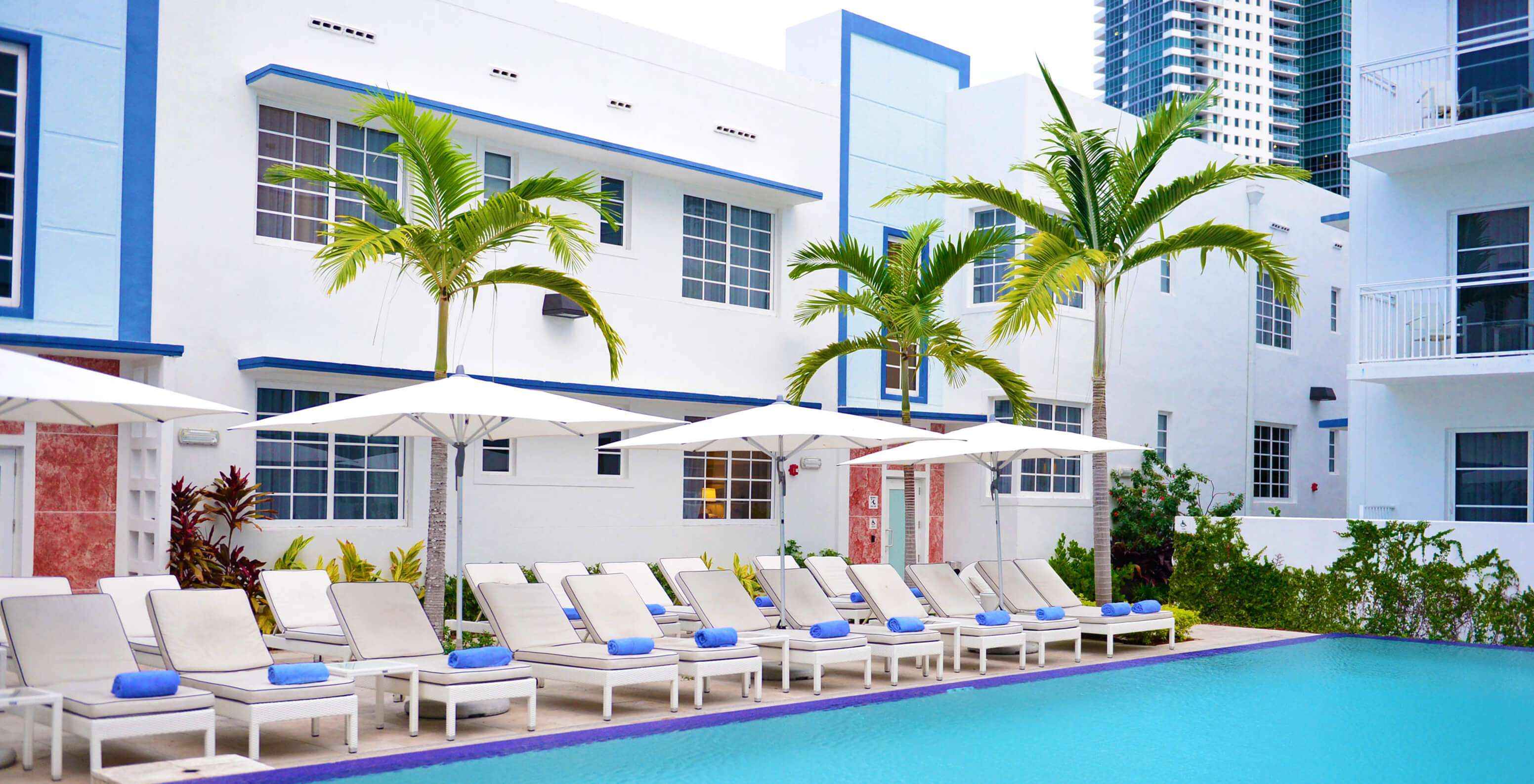 La Vista Piscina Superior King del Pestana Miami South Beach es una piscina moderna con tumbonas blancas
