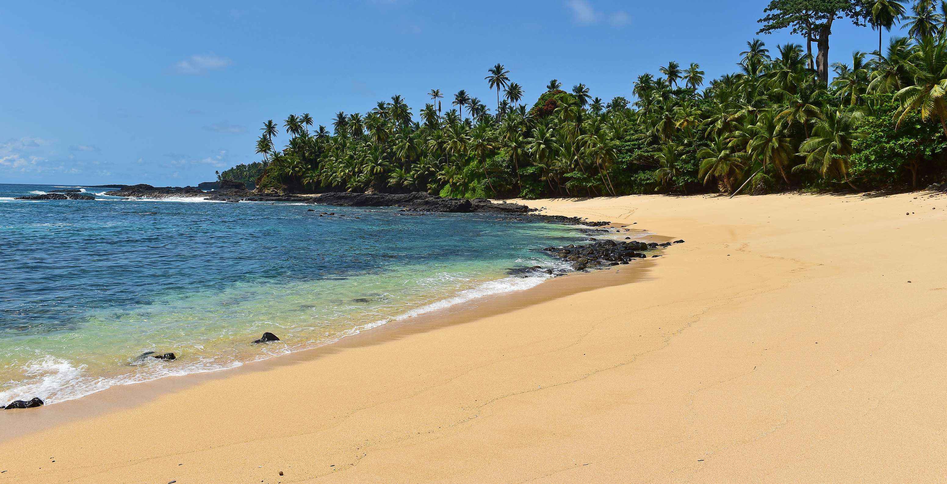 Praia do Ilhéu das Rolas, praia tropical com areia clara e fina, mar cristalino e muitas palmeiras