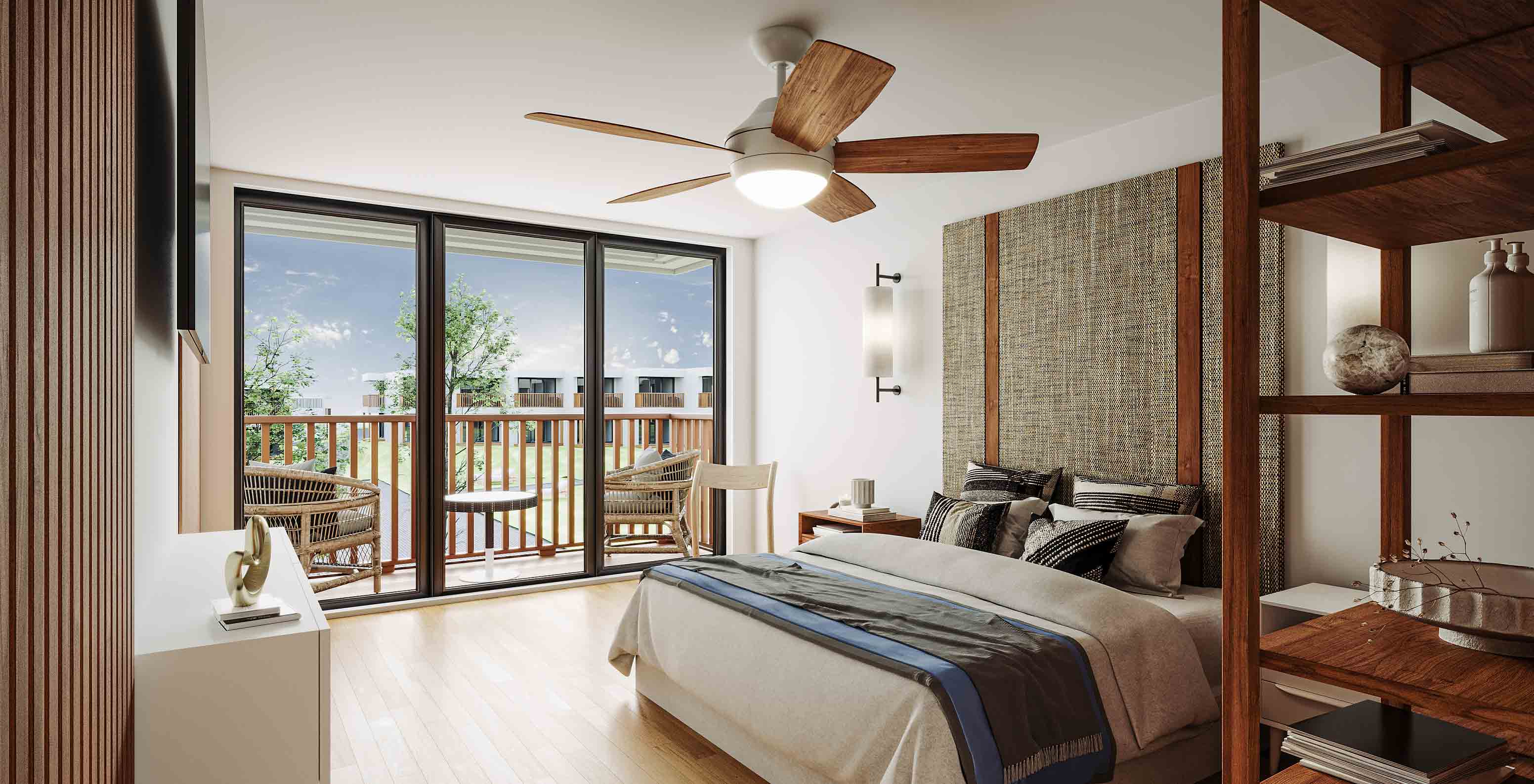 Quarto moderno com cama dupla, varanda com cadeiras de vime e vista para jardim no Pestana Dunas Porto Santo