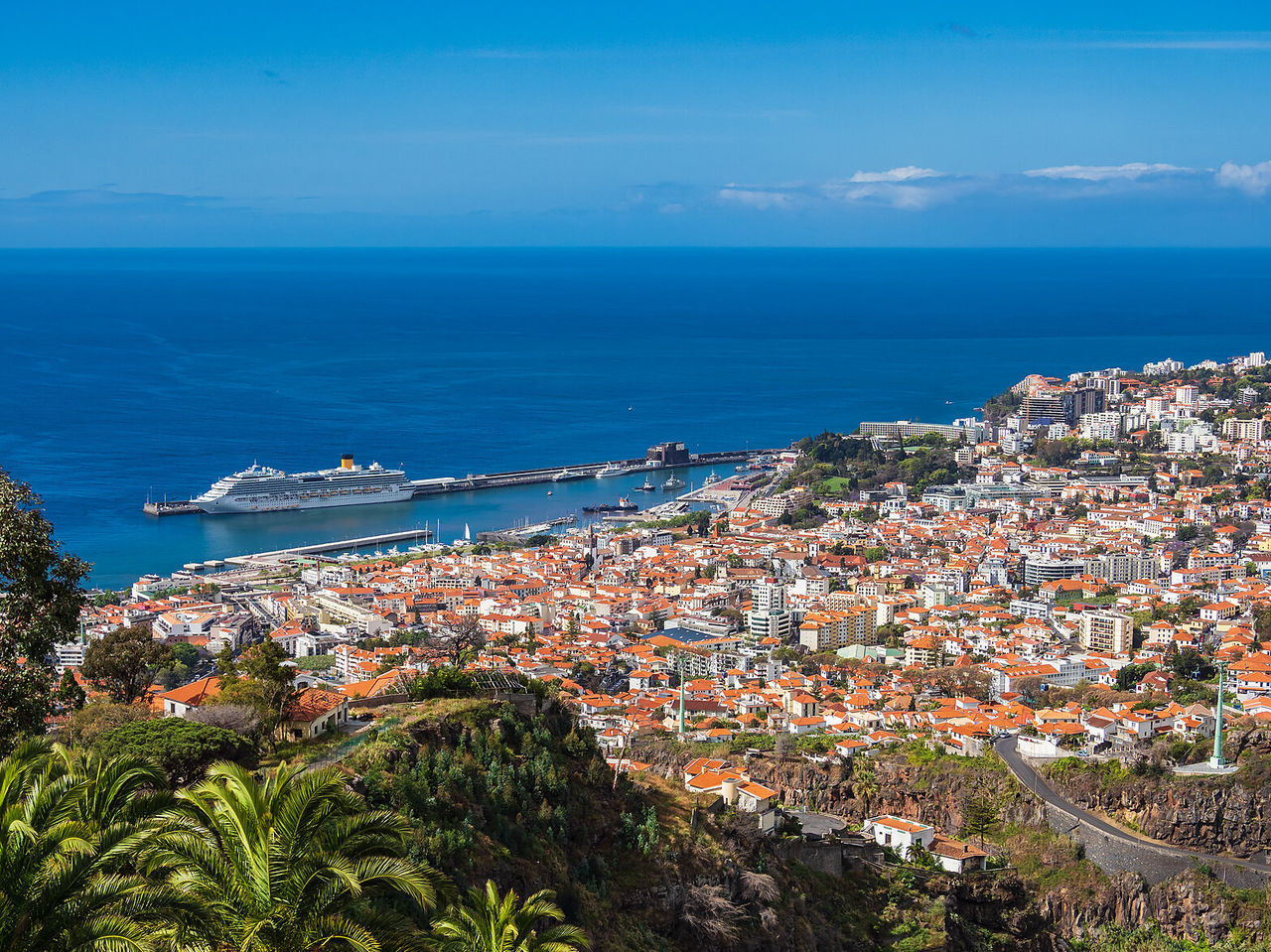 Uitzicht op de stad Funchal, vol kleuren en aan zee, met een cruiseschip op de achtergrond