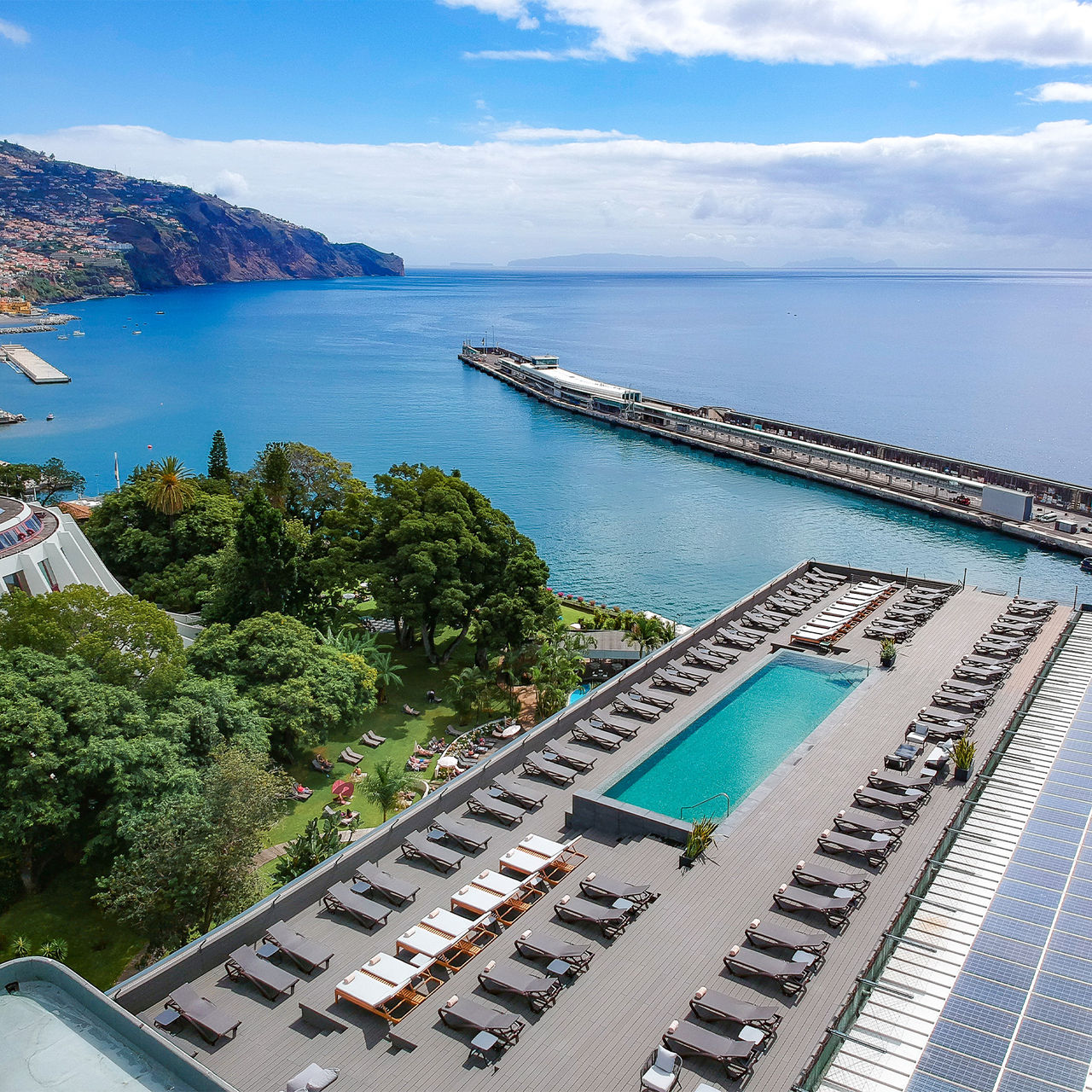 Aerial view of the pool and view from Pestana Casino Park, hotel in Funchal facing the sea, with Spa and Pool