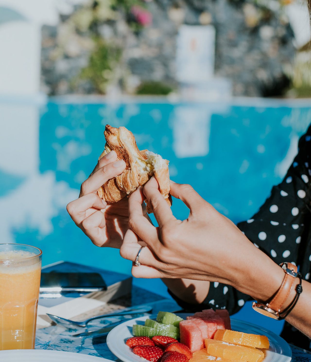 The restaurant A Proa, of the Romantic Hotel in Funchal, Madeira, has juice, a fruit plate, and croissants